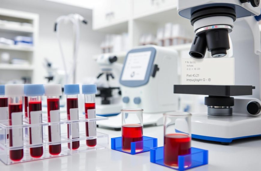 Badanie IG - probówka z krwią i wyniki laboratoryjne