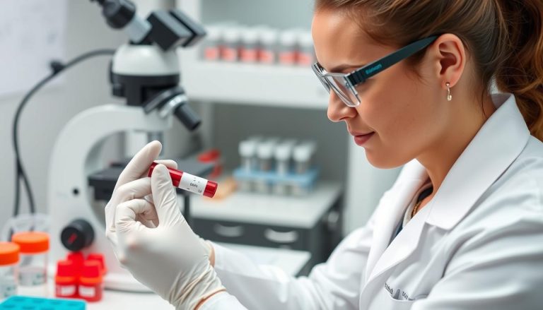Badanie serologiczne - laborant analizujący próbkę krwi pod kątem obecności przeciwciał