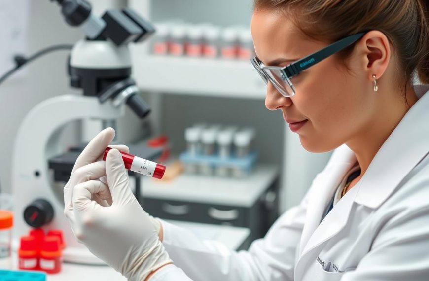 Badanie serologiczne - laborant analizujący próbkę krwi pod kątem obecności przeciwciał