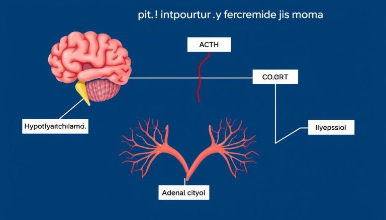 Schemat działania hormonu ACTH w organizmie - kortykotropina wydzielana przez przysadkę mózgową reguluje produkcję kortyzolu przez nadnercza