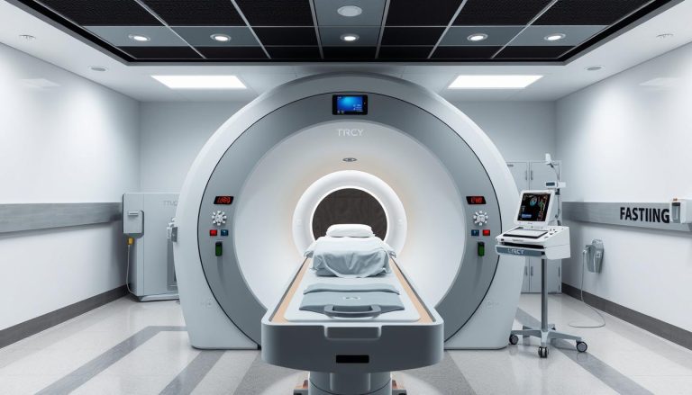 Aparat do badania MRI z widocznym tunelem i stołem dla pacjenta