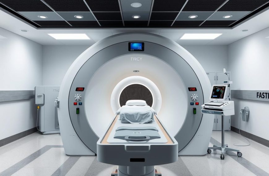 Aparat do badania MRI z widocznym tunelem i stołem dla pacjenta
