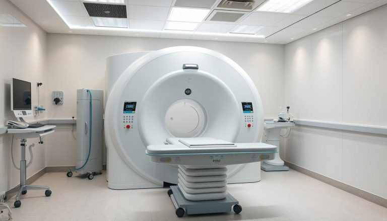 Aparat do badania rezonansem magnetycznym (MR) z widocznym tunelem i stołem dla pacjenta