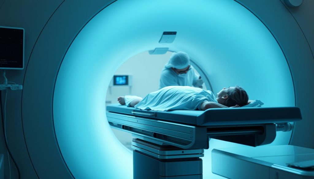 Pacjent podczas badania MRI leżący na stole wsuwanym do tunelu aparatu