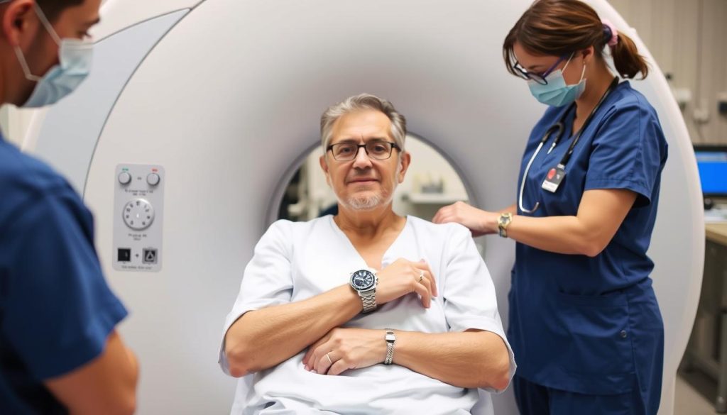 Pacjent przygotowujący się do badania MRI, zdejmujący metalowe przedmioty