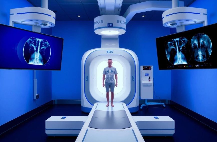 System badania EOS - dwa prostopadłe źródła promieniowania wykonujące jednoczesne zdjęcie pacjenta w pozycji stojącej