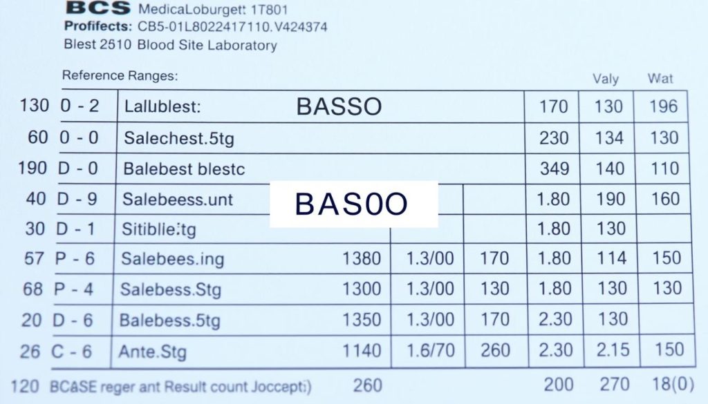 Wynik badania morfologii krwi z zaznaczonym parametrem BASO i jego wartościami referencyjnymi